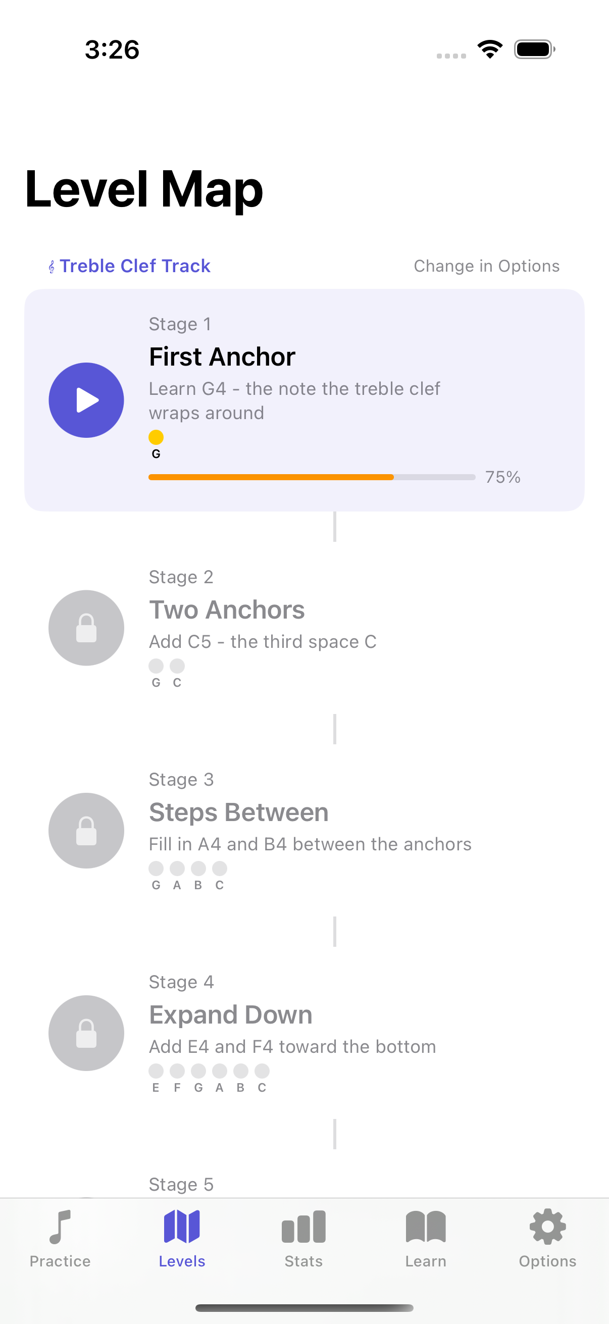 StaffReader level map: G4 first, then C5 (third-space C), then the notes between