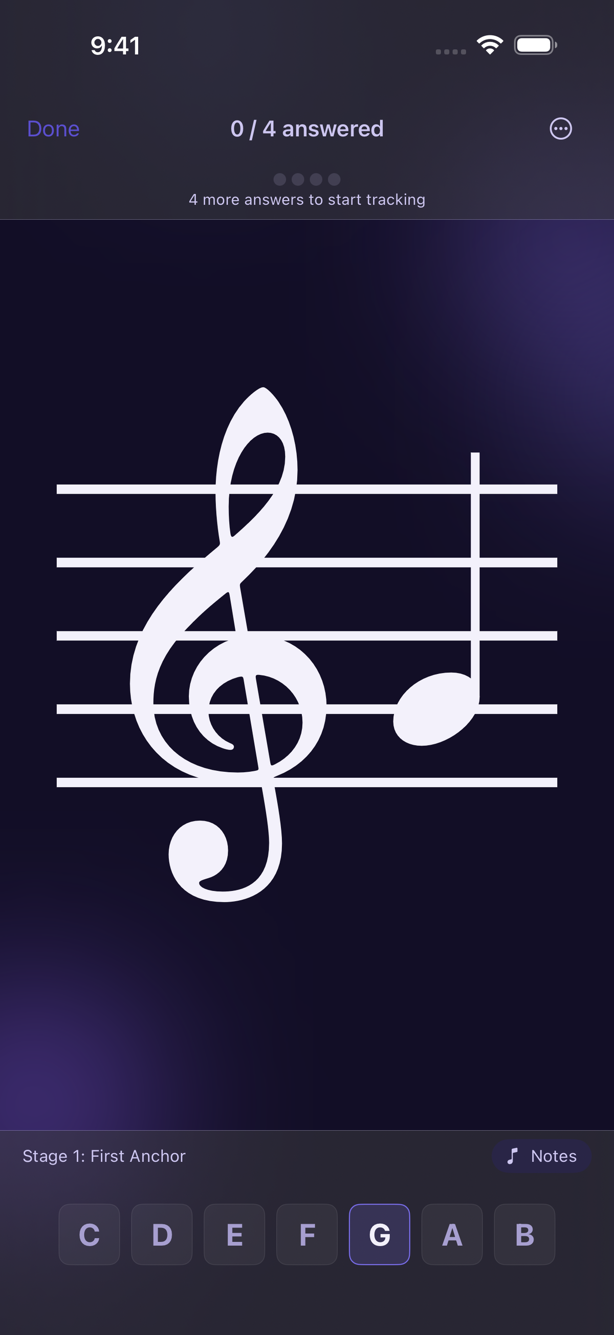StaffReader Stage 1 on iPhone, drilling the single note G4 on the treble clef