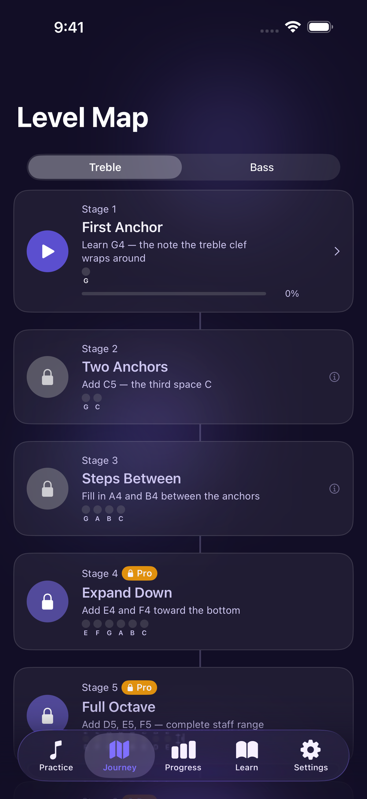 StaffReader on iPhone showing a single note on the staff with the answer choices and the 90% accuracy gate for the current Stage