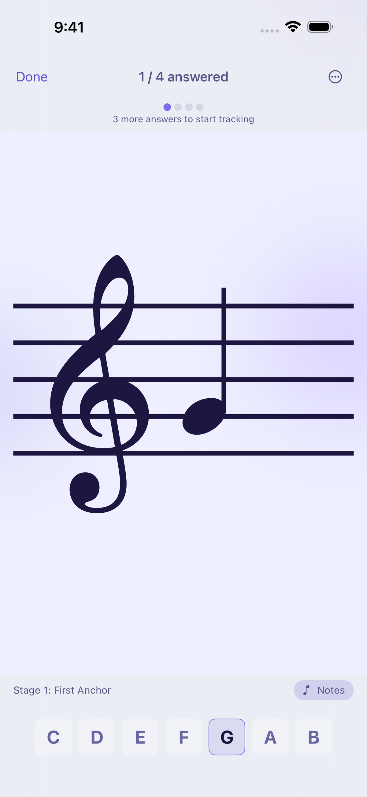 StaffReader Stage 1 on iPhone, drilling the single note G4 on the treble clef
