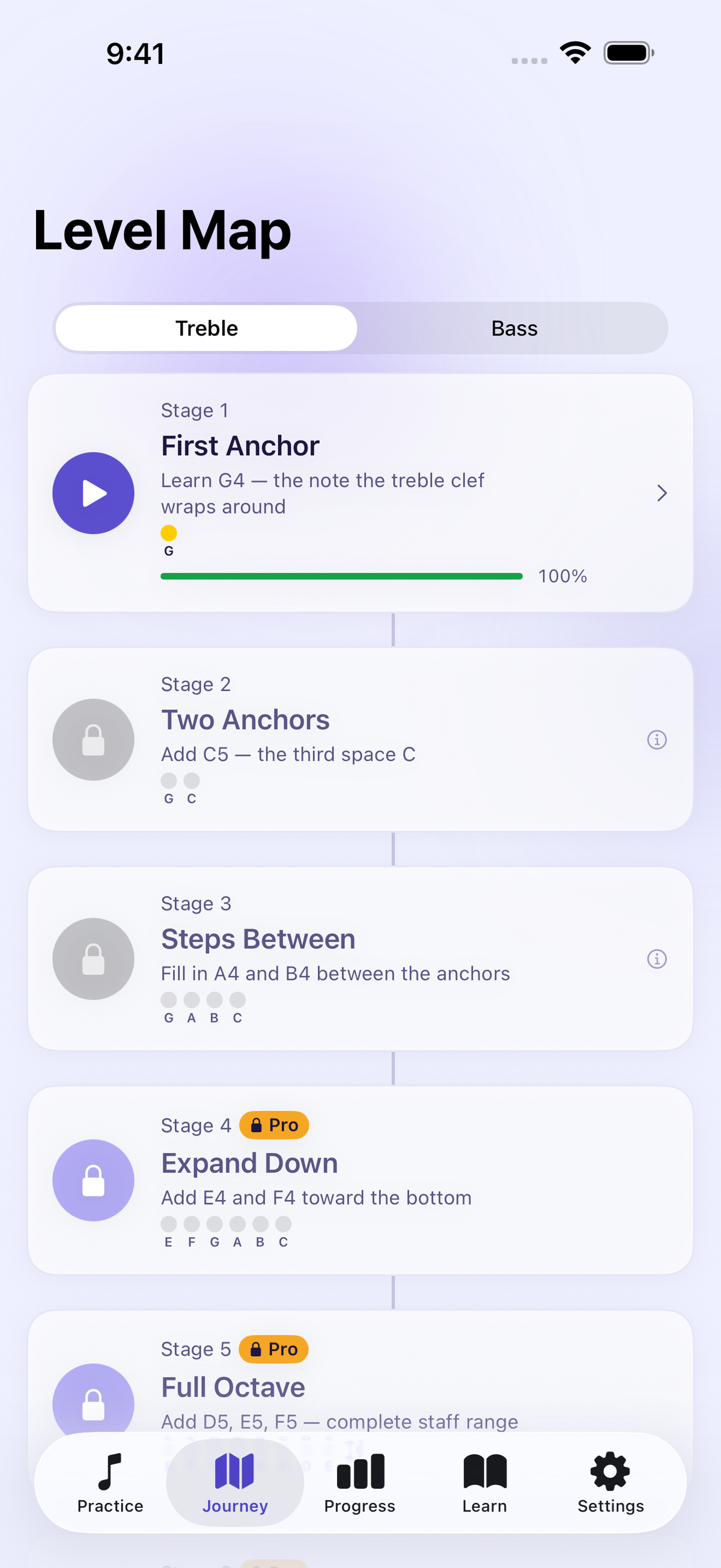 StaffReader on iPhone showing a single note on the staff with the answer choices and the 90% accuracy gate for the current Stage