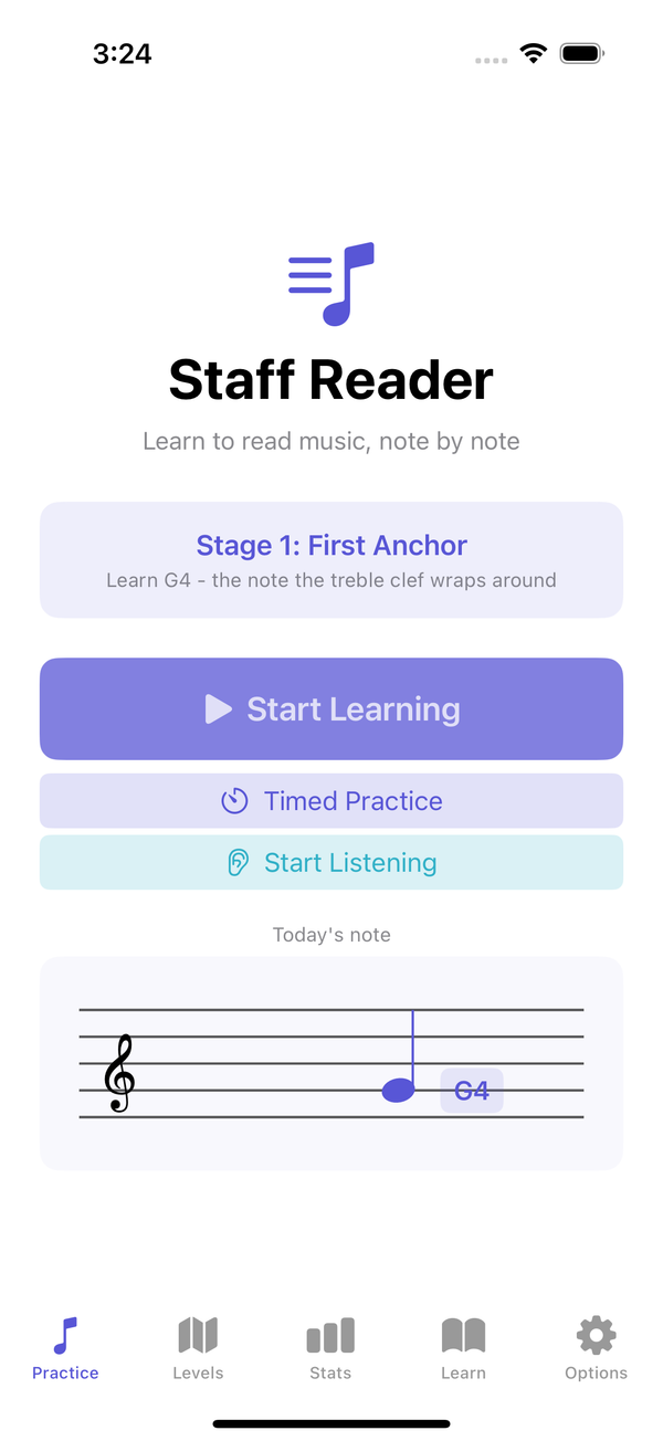 StaffReader Stage 1: learning G4, the note the treble clef wraps around